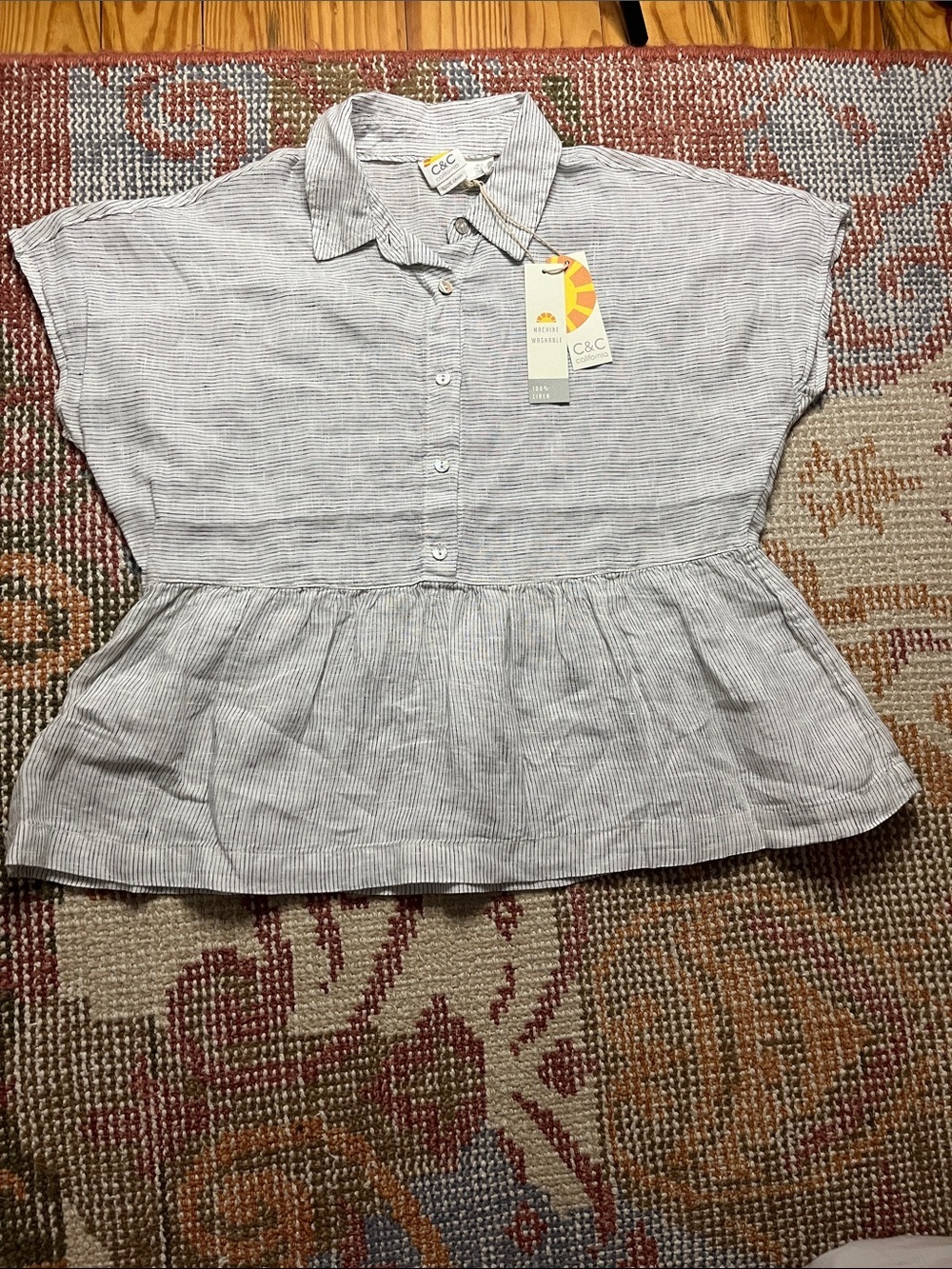 NWT C&C California Linen Peplum Blouse Size S White Black Pinstripe Coastal Chic
